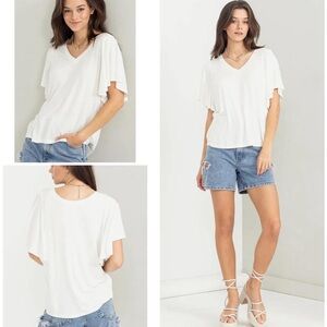 White V-Neck Flutter Sleeve Top